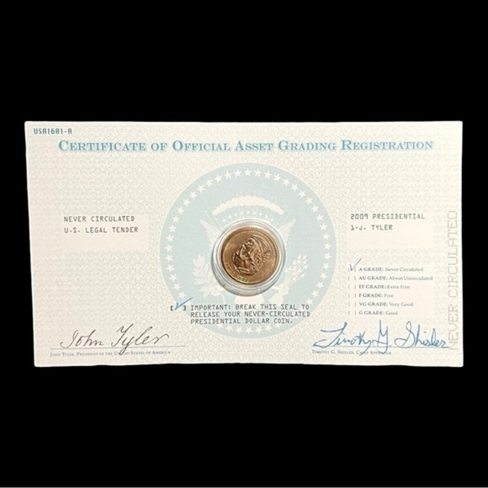 2009 Presidential John Tyler Dollar Coin Certificate Asset Grading Uncirculated